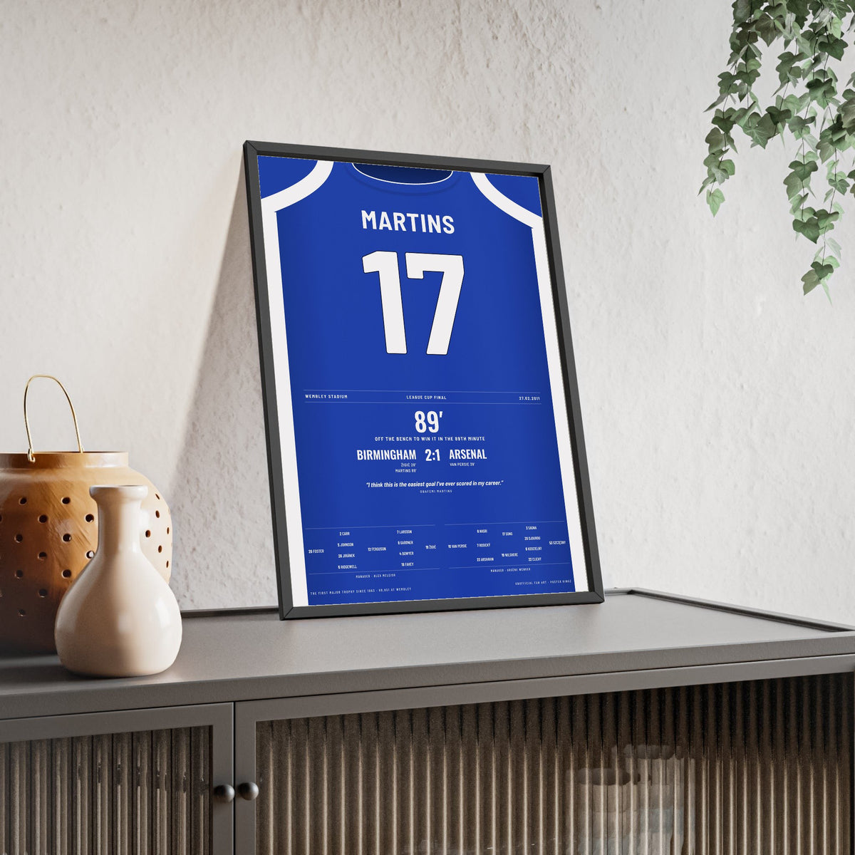 Birmingham City League Cup Final 2011 Poster - Obafemi Martins 17 Wembley Shirt Print framed and leaning on a sideboard
