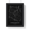 Birmingham street map poster in black, minimal city map print framed in a black frame