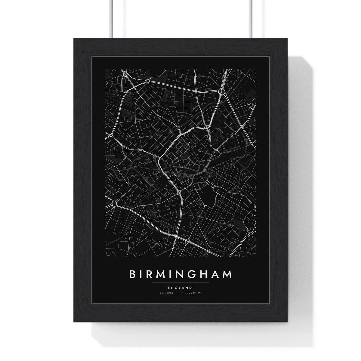 Birmingham street map poster in black, minimal city map print framed in a black frame