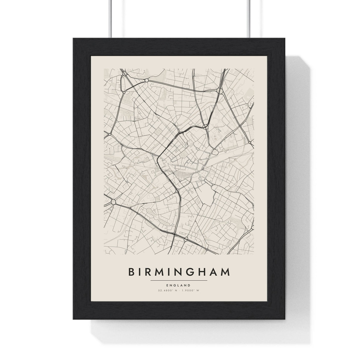 Birmingham street map poster in cream, minimal city map print framed in a black frame