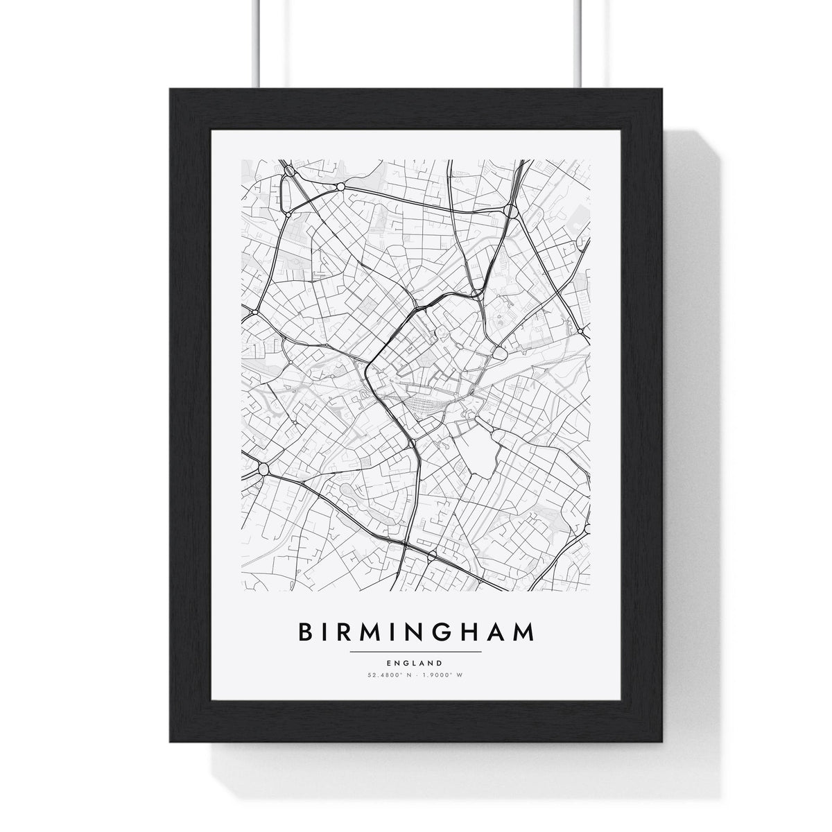 Birmingham street map poster in white, minimal city map print framed in a black frame