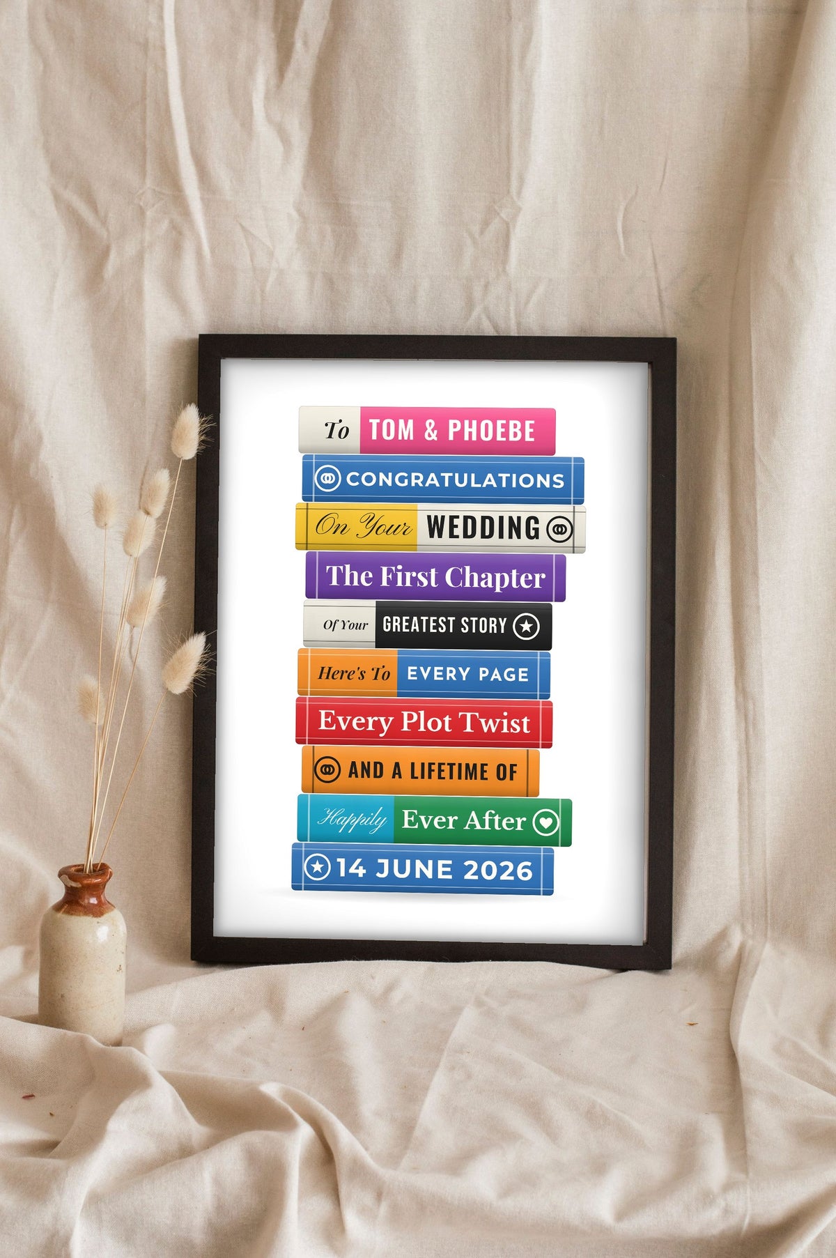 Personalised Wedding Book Stack Print - Lifestyle - leaning in a frame with dried flowers
