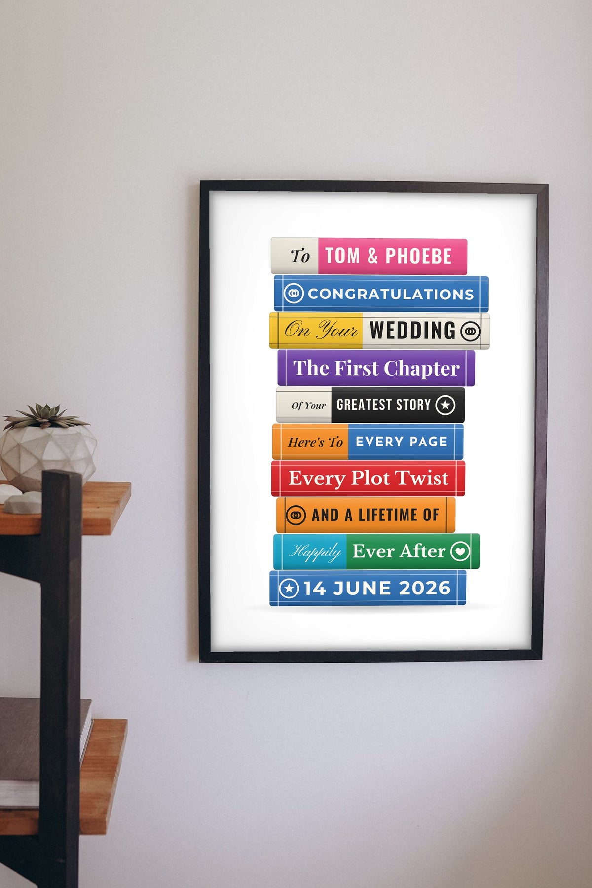 Personalised Wedding Book Stack Print - Lifestyle - hanging on a living room wall