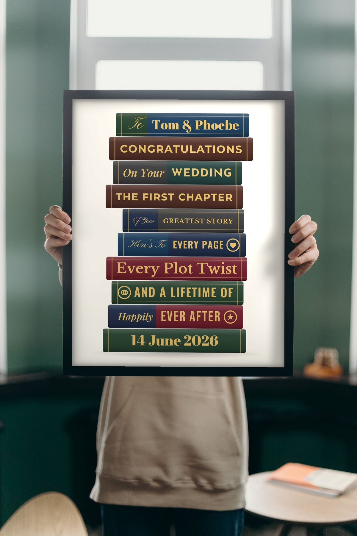 Personalised Wedding Book Stack Print - Lifestyle - held up in a bright room