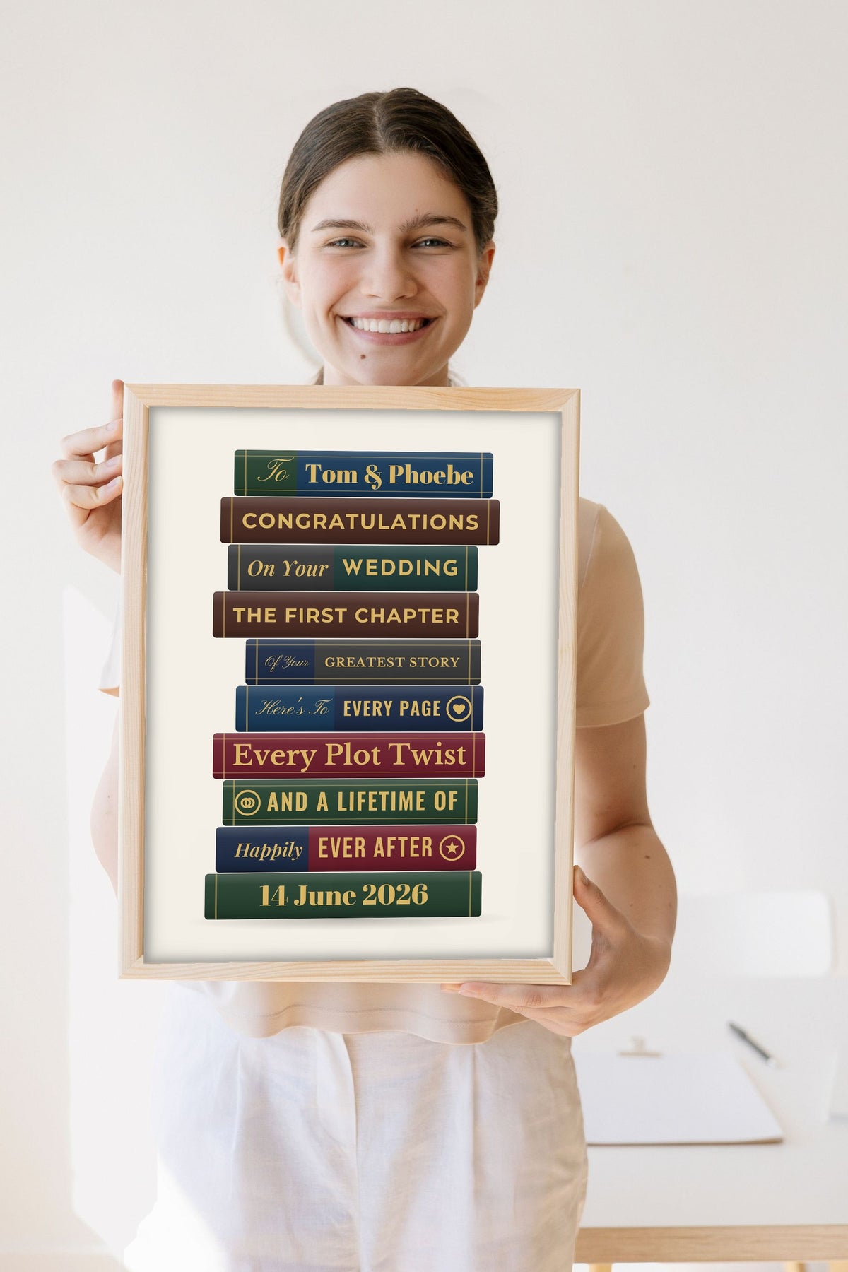 Personalised Wedding Book Stack Print - Lifestyle - held by a smiling woman