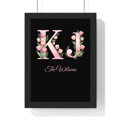 Personalised tulip initial print framed on wall showing watercolour letter with pink script name