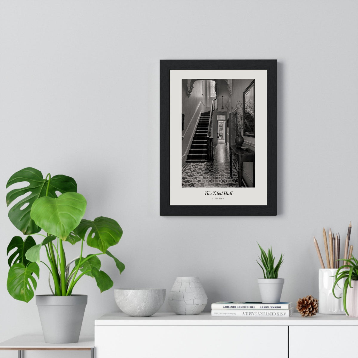 The Tiled Hall Print framed on a living room wall
