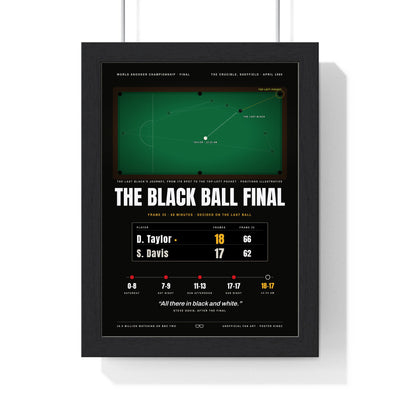 The Black Ball Final 1985 Snooker print framed in a black frame, ready to hang