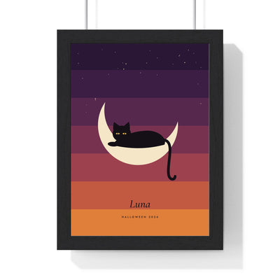 Black Cat Moon Print - framed black cat moon print in dusk plum and orange