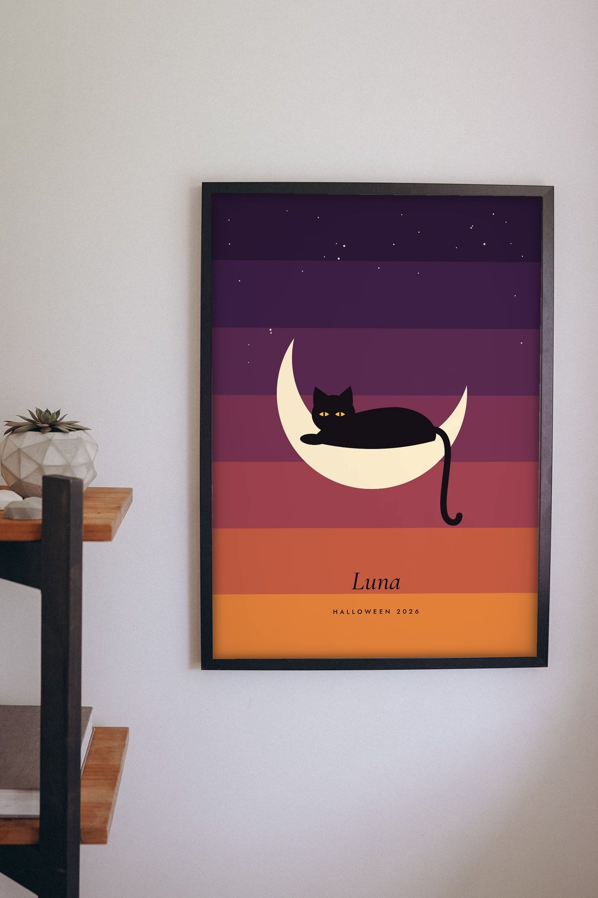 Black Cat Moon Print - black cat moon print on a bedroom wall