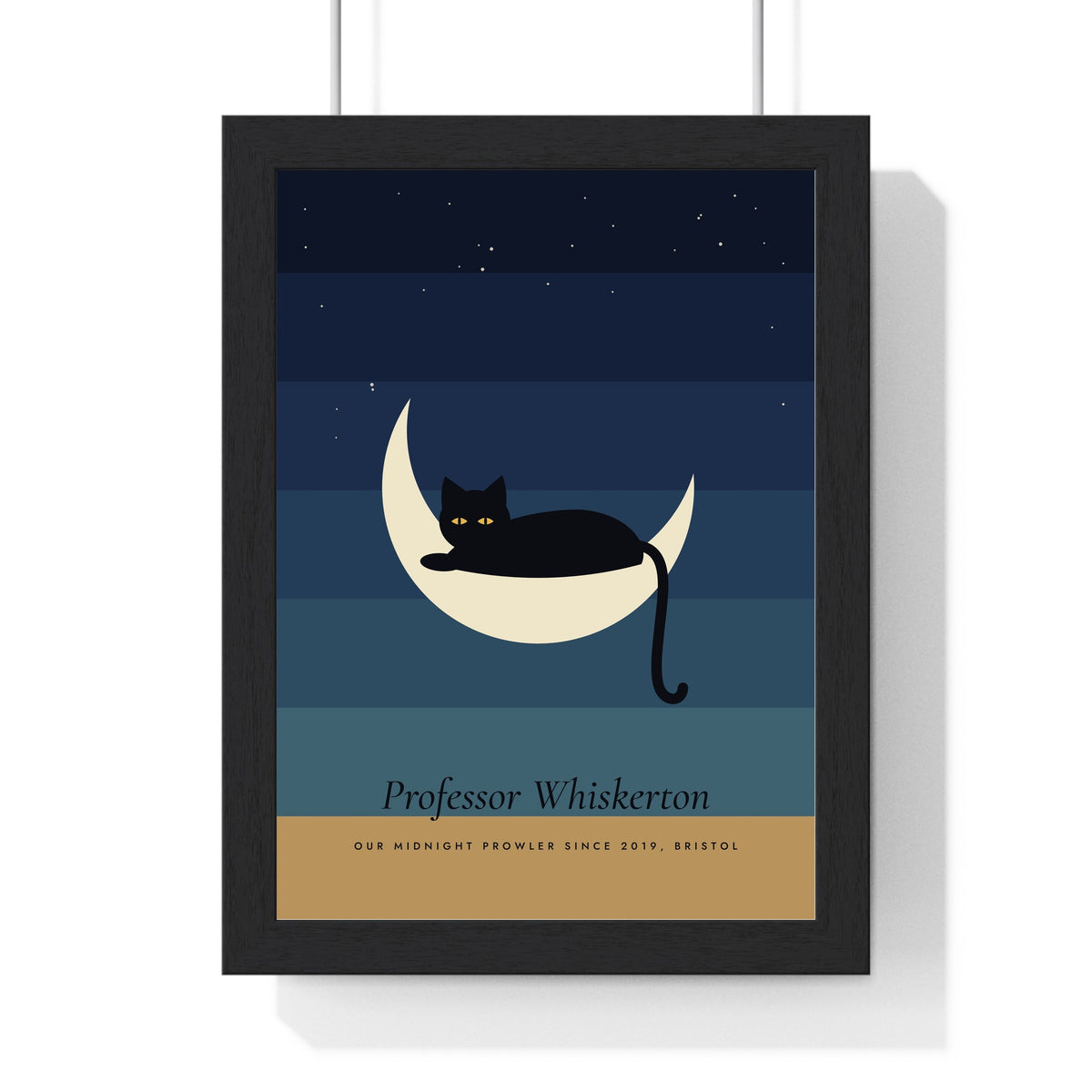 Black Cat Moon Print - framed midnight blue version with a long name
