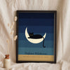 Black Cat Moon Print - midnight blue cat moon print leaning on a shelf