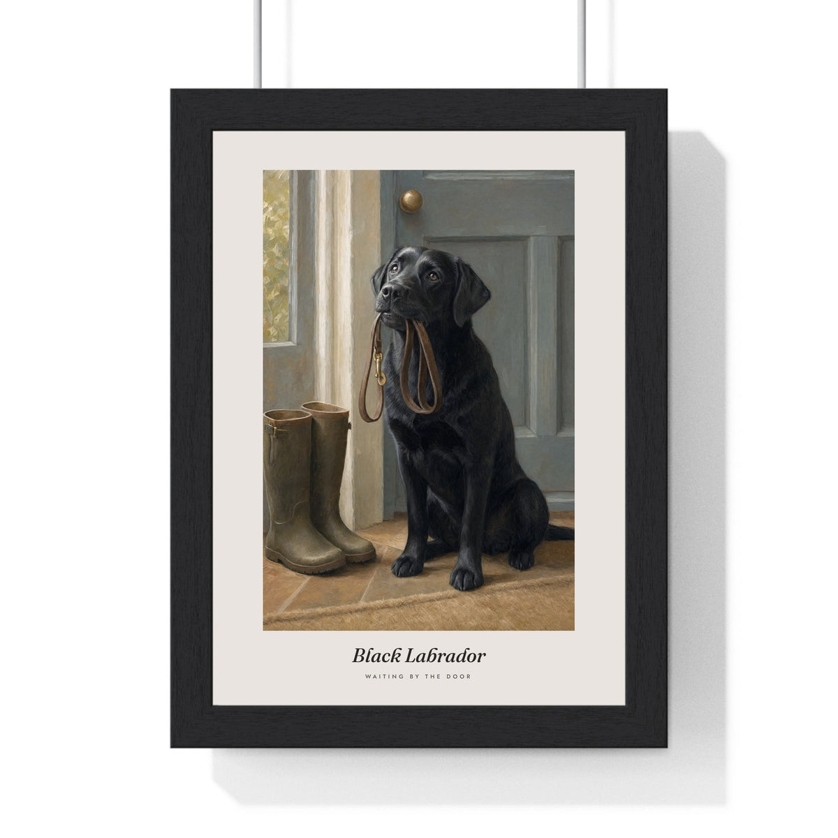 Black Labrador Print framed in a black frame, ready to hang