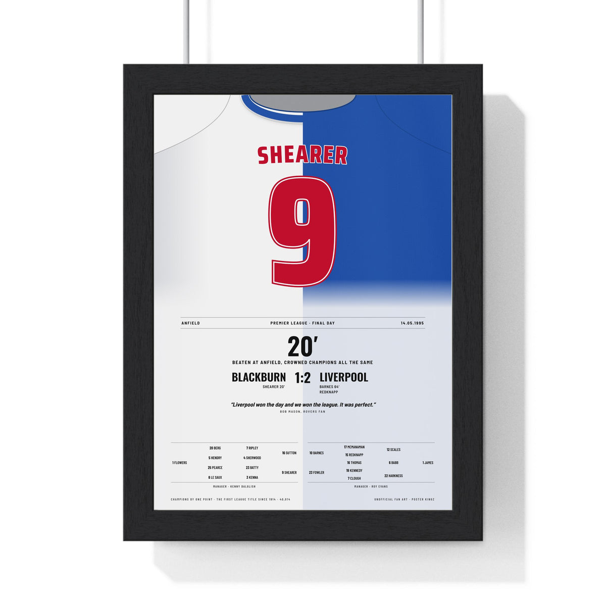 Blackburn Rovers Champions 1995 Poster - Alan Shearer 9 Anfield Shirt Print framed in a black frame, ready to hang