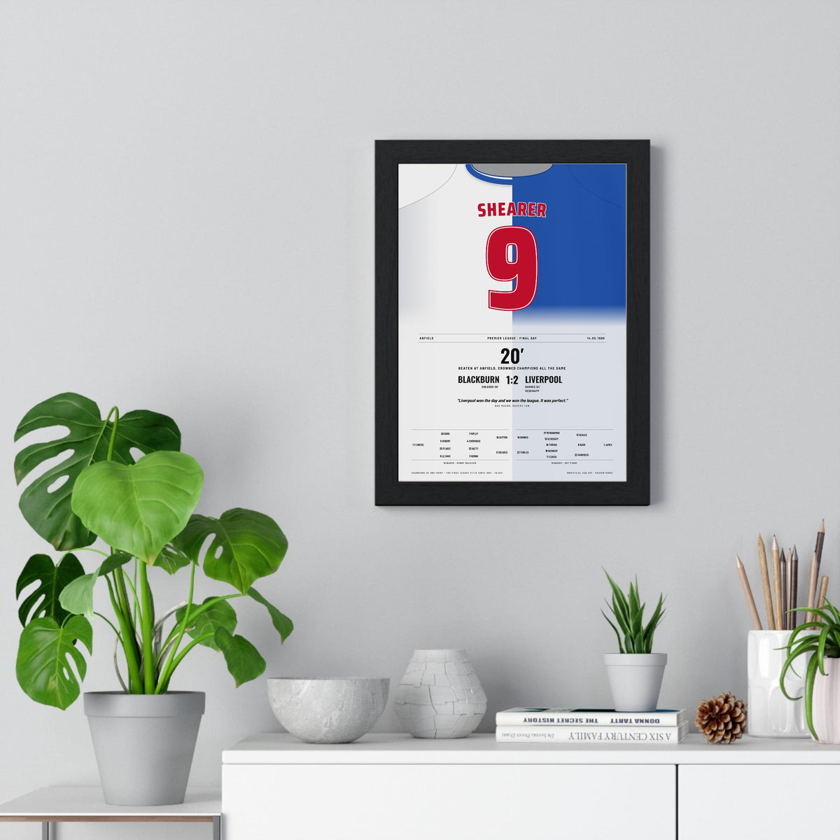 Blackburn Rovers Champions 1995 Poster - Alan Shearer 9 Anfield Shirt Print framed on a living room wall