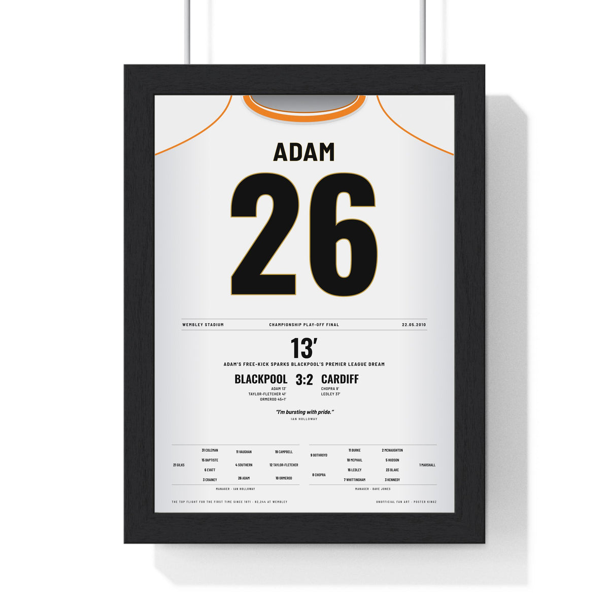 Blackpool Play-Off Final 2010 Poster - Charlie Adam 26 Wembley Shirt Print framed in a black frame, ready to hang