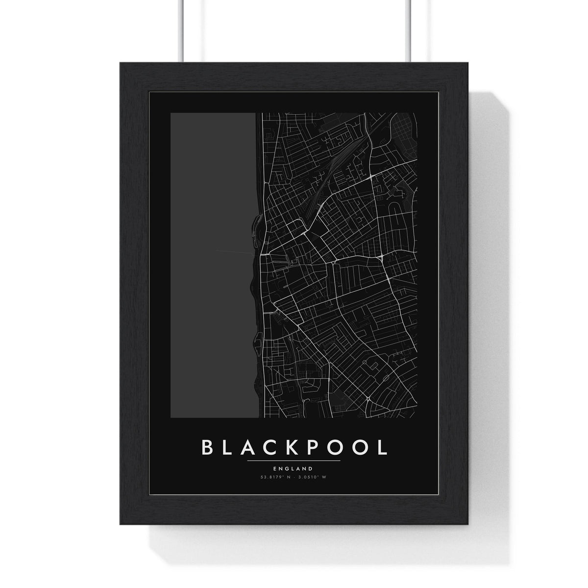 Blackpool street map poster in black, minimal city map print framed in a black frame