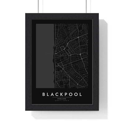 Blackpool street map poster in black, minimal city map print framed in a black frame