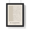 Blackpool street map poster in cream, minimal city map print framed in a black frame