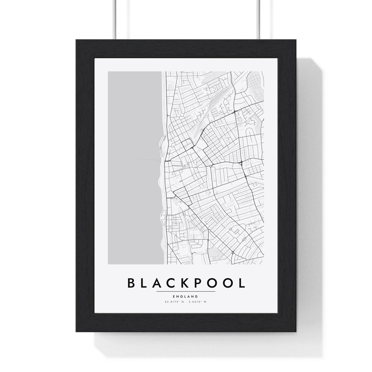 Blackpool street map poster in white, minimal city map print framed in a black frame
