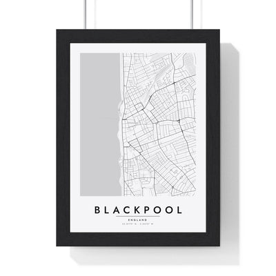 Blackpool street map poster in white, minimal city map print framed in a black frame