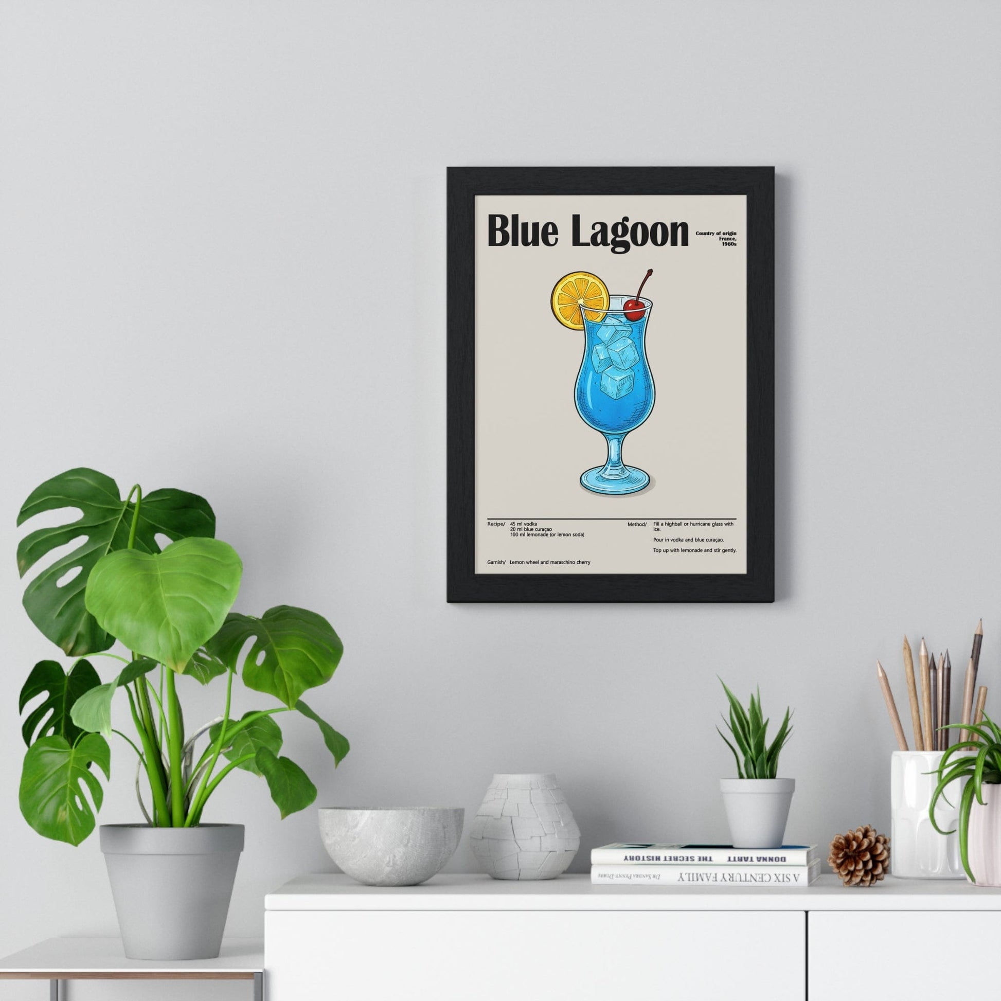Framed Blue Lagoon Cocktail - Bright Retro Drink - print