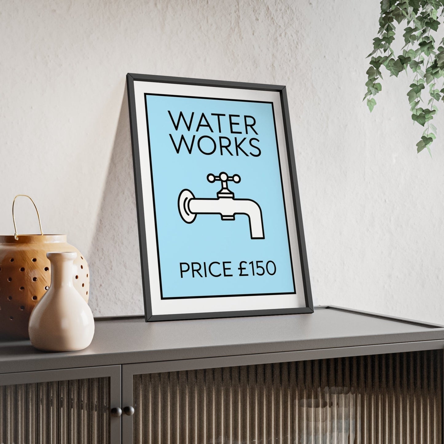 Framed BLue Water Works Funny Bathroom Monopoly-Inspired print