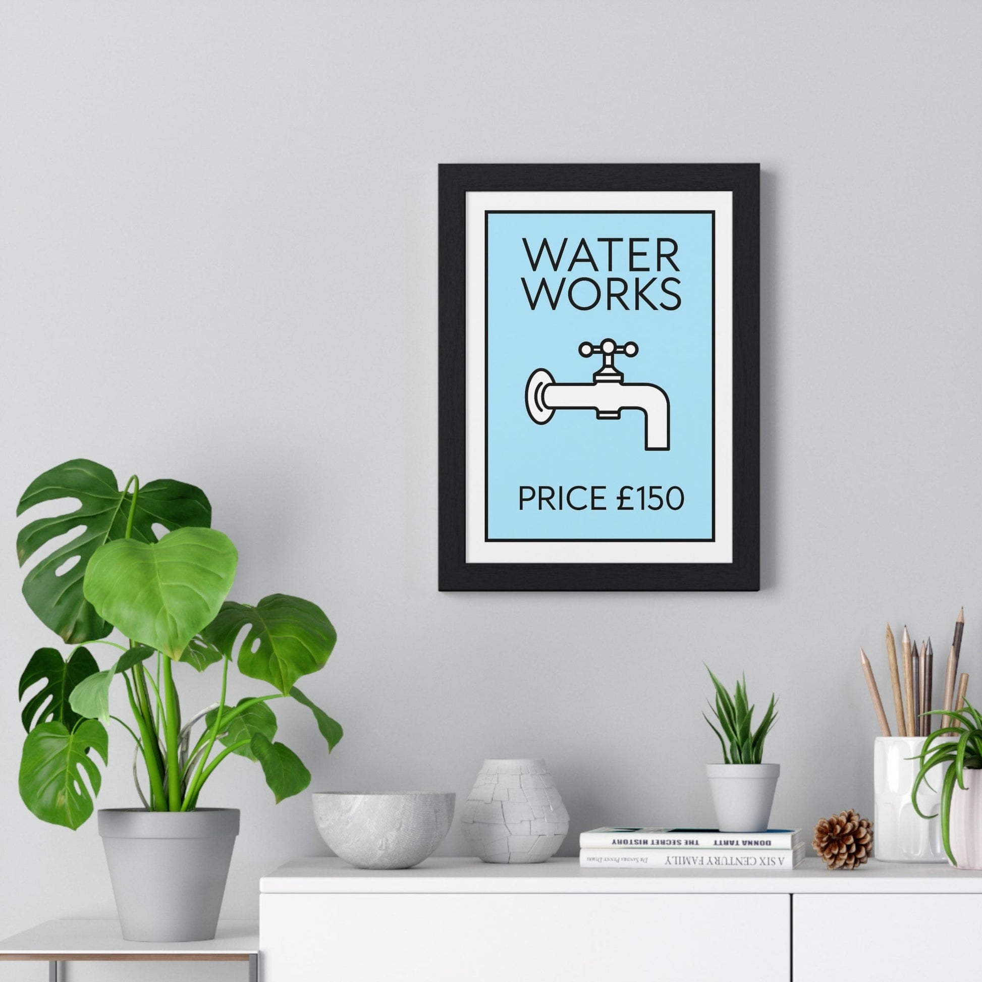 Framed BLue Water Works Funny Bathroom Monopoly-Inspired print