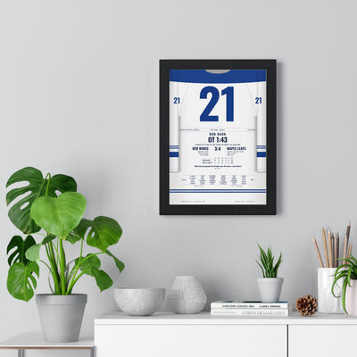 Bob Baun 1964 Cup Final Overtime Winner Poster - Toronto Maple Leafs 21 Hockey Jersey Print framed on a living room wall
