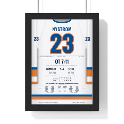 Bob Nystrom 1980 Cup Final Overtime Winner Poster - New York Islanders 23 Hockey Jersey Print framed in a black frame, ready to hang