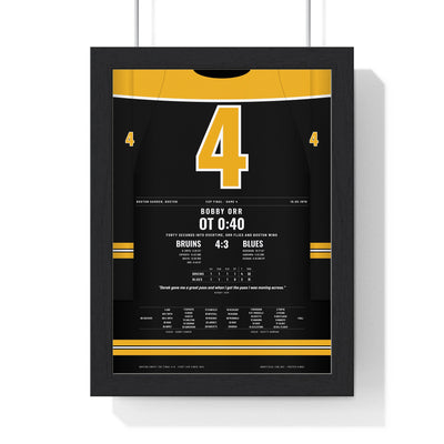 Bobby Orr 1970 Cup Final Overtime Goal Poster - Boston Bruins 4 Hockey Jersey Print framed in a black frame, ready to hang