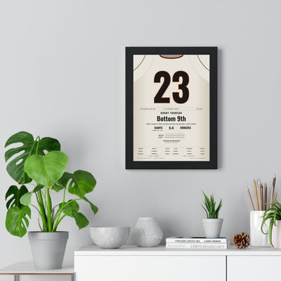 Bobby Thomson 1951 Pennant-Winning Home Run Poster - New York Giants 23 Jersey Print framed on a living room wall