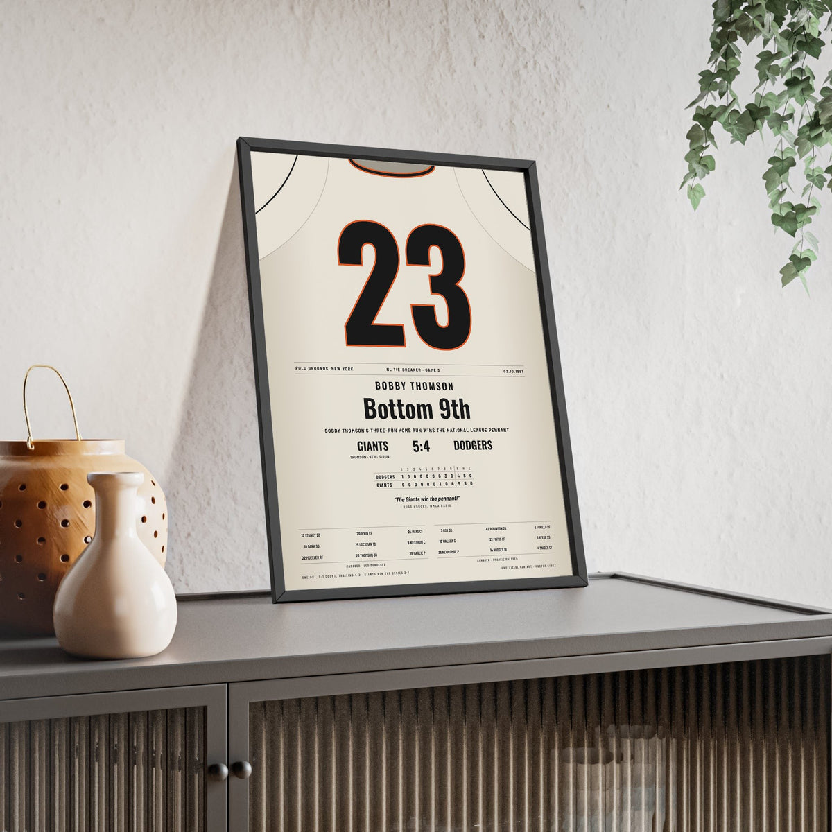 Bobby Thomson 1951 Pennant-Winning Home Run Poster - New York Giants 23 Jersey Print framed and leaning on a sideboard