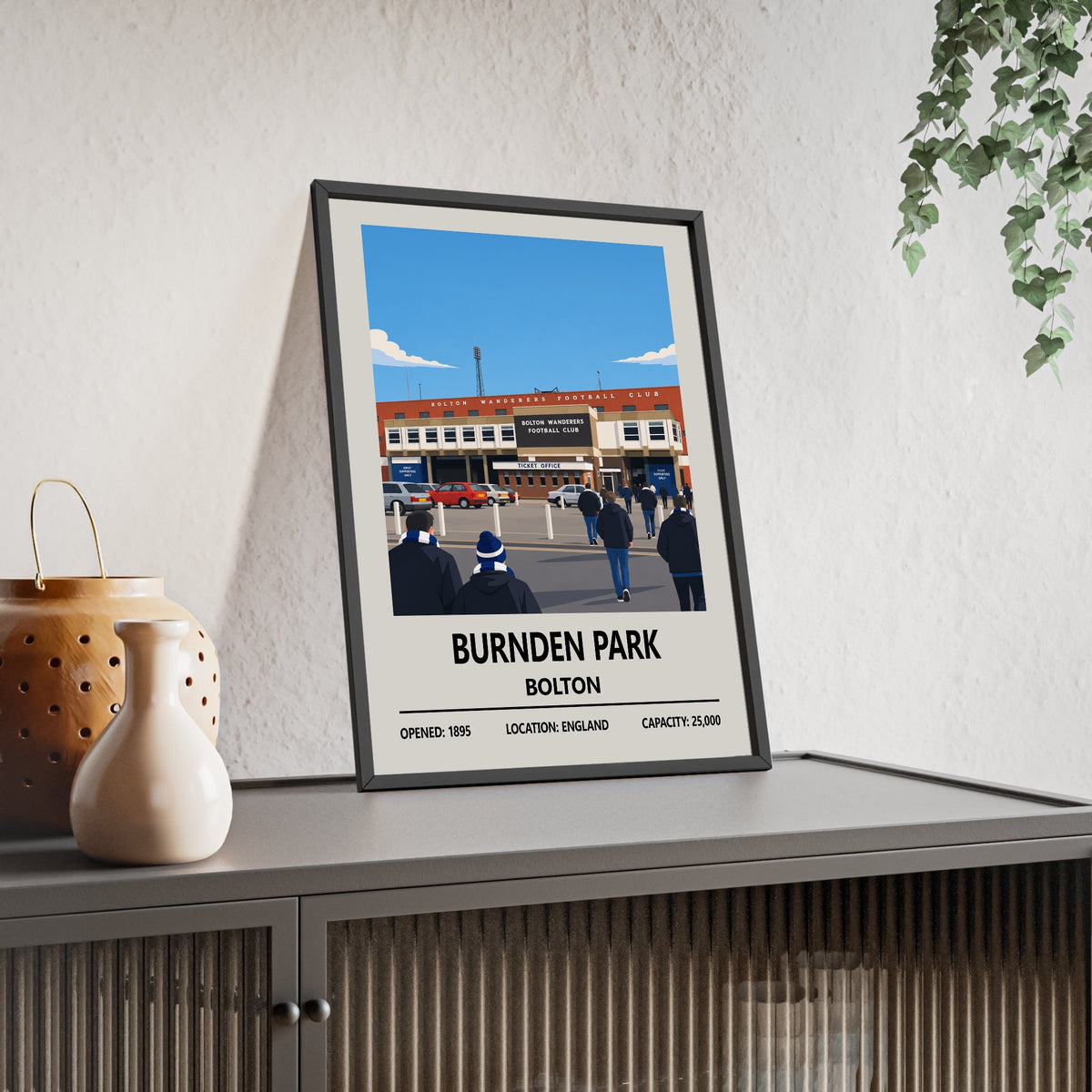 Bolton Wanderers Burnden Park Stadium Print framed and leaning on a sideboard