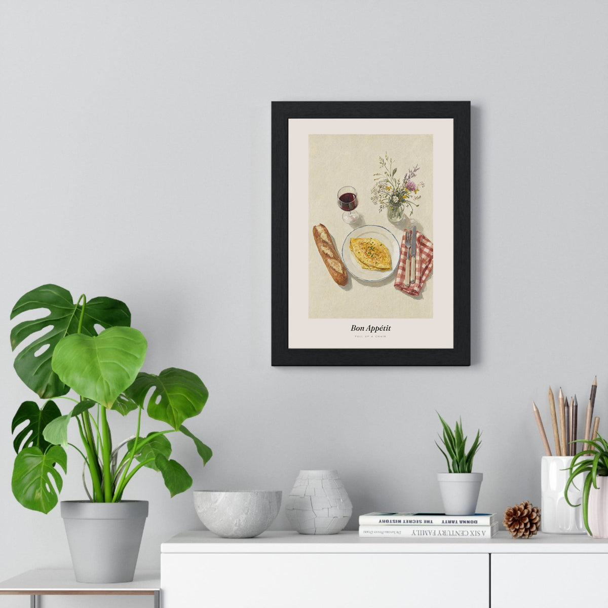 Bon Appétit Print framed on a living room wall