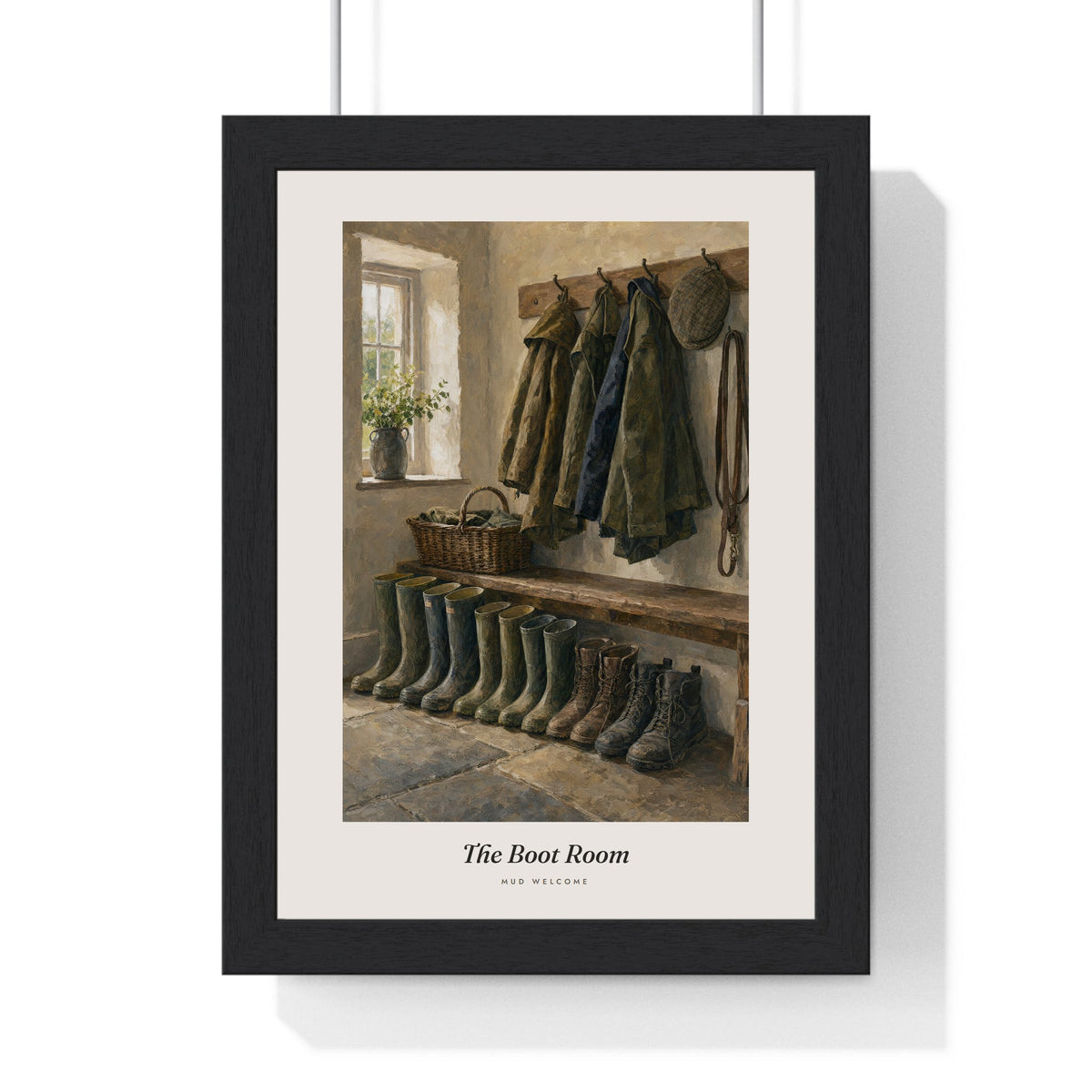 The Boot Room Print framed in a black frame, ready to hang