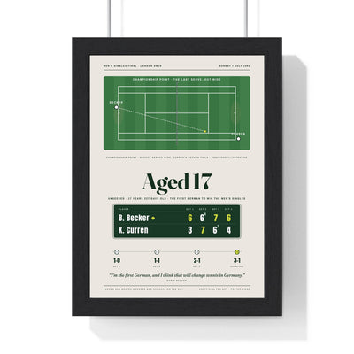 Aged 17 1985 Tennis print framed in a black frame, ready to hang