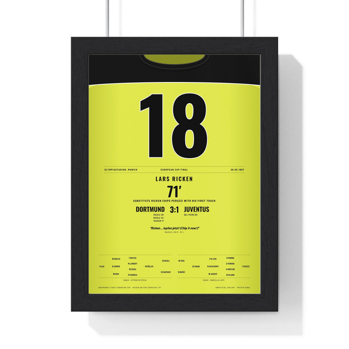 Borussia Dortmund Champions League Final 1997 Poster - Lars Ricken 18 Chip v Juventus Shirt Print framed in a black frame, ready to hang