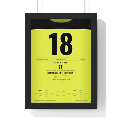 Borussia Dortmund Champions League Final 1997 Poster - Lars Ricken 18 Chip v Juventus Shirt Print framed in a black frame, ready to hang