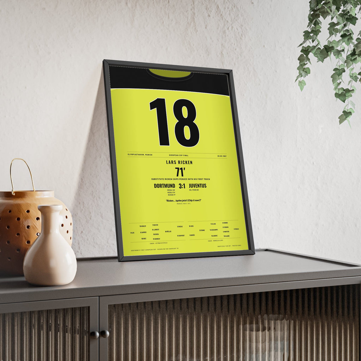 Borussia Dortmund Champions League Final 1997 Poster - Lars Ricken 18 Chip v Juventus Shirt Print framed and leaning on a sideboard