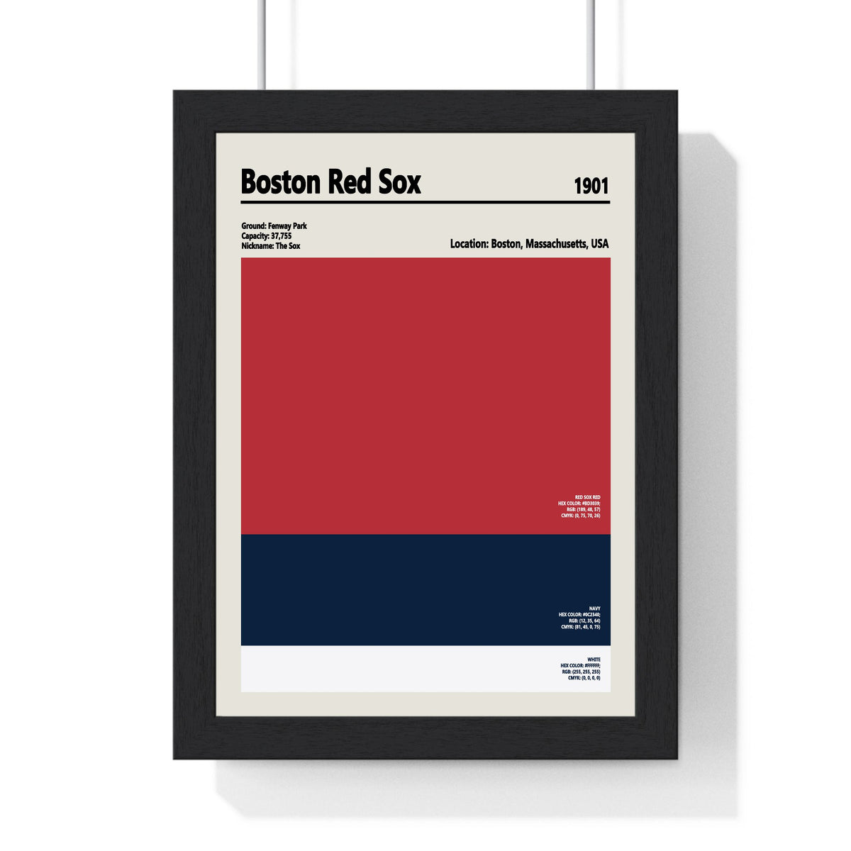 Boston Red Sox colour swatch print framed in a black frame, ready to hang