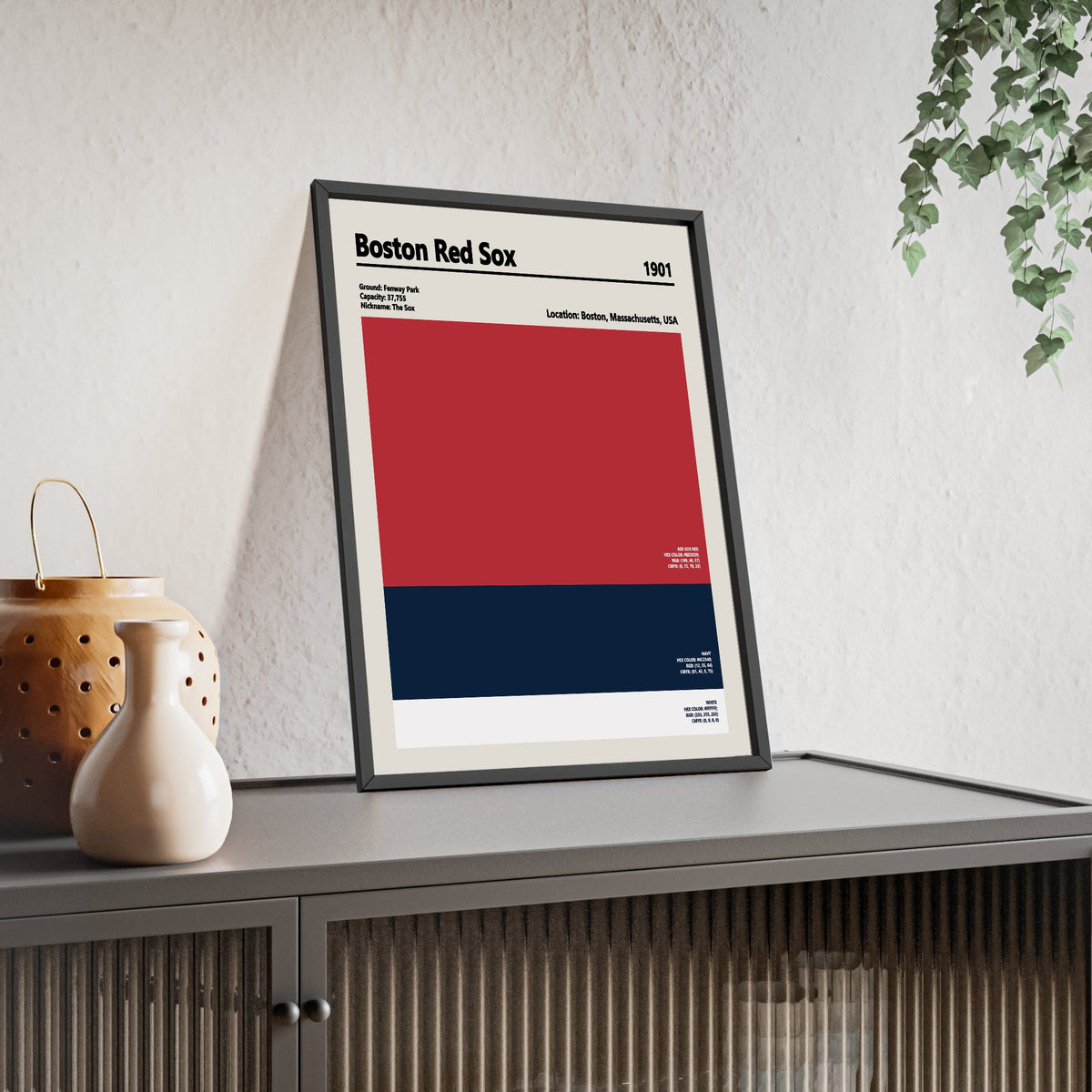 Boston Red Sox colour swatch print framed and leaning on a sideboard