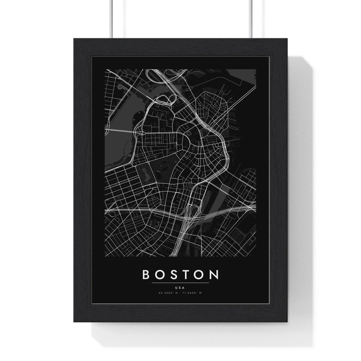 Boston street map poster in black, minimal city map print framed in a black frame