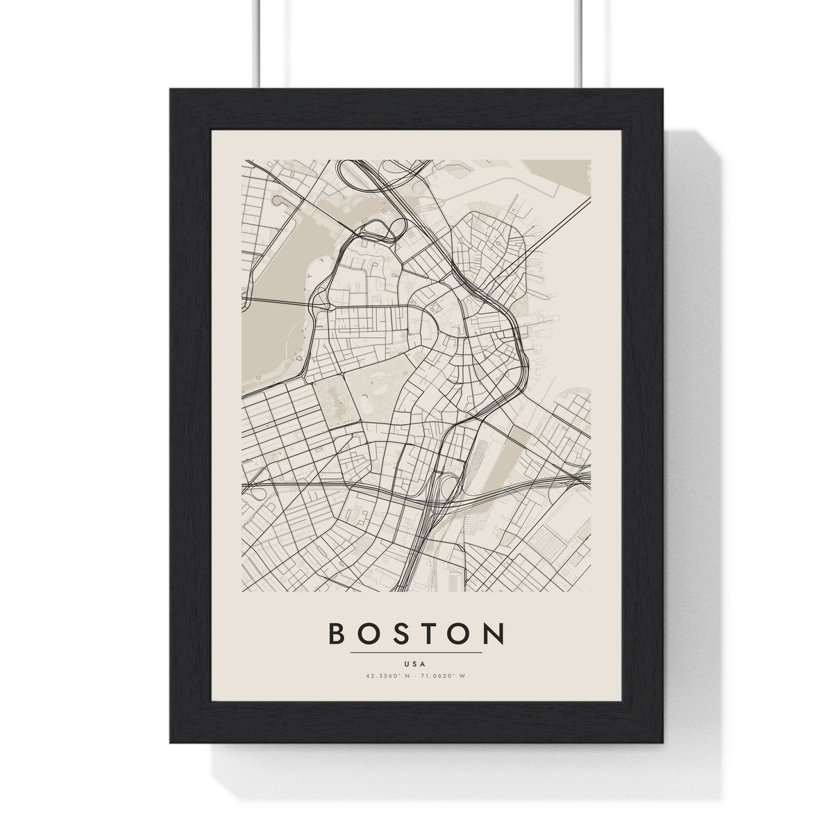 Boston street map poster in cream, minimal city map print framed in a black frame