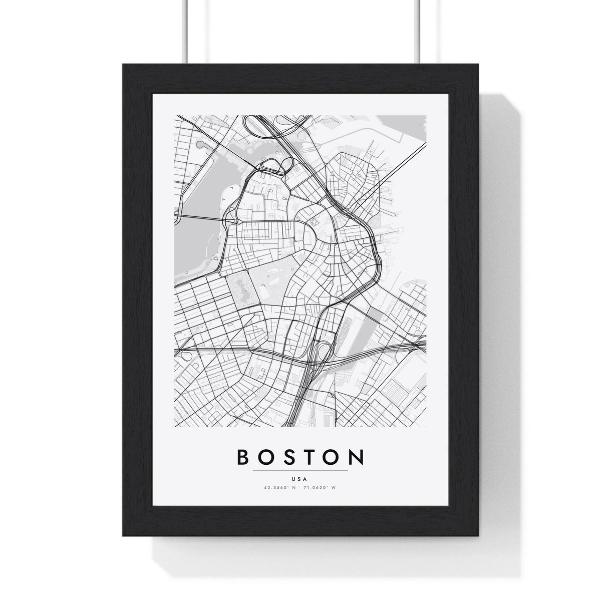 Boston street map poster in white, minimal city map print framed in a black frame