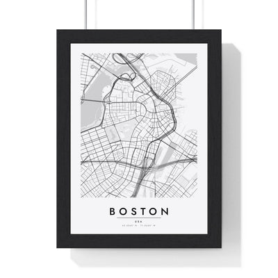 Boston street map poster in white, minimal city map print framed in a black frame