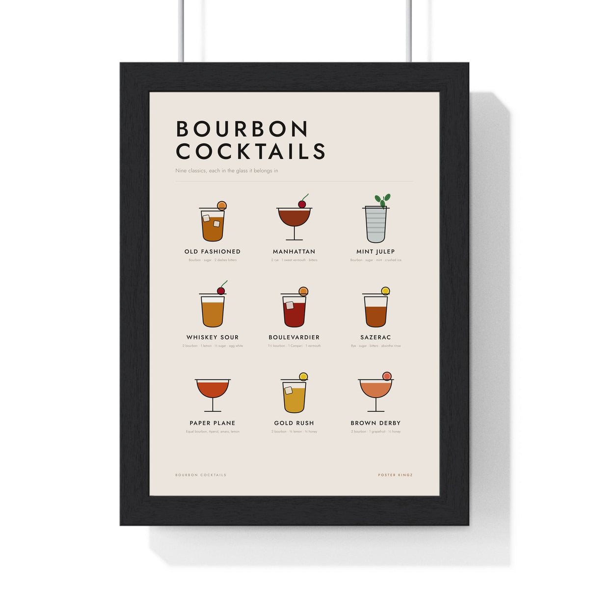Bourbon Cocktails print framed in a black frame, ready to hang