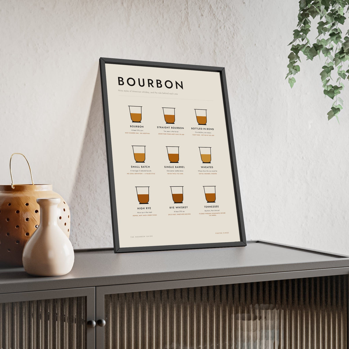 Bourbon print framed and leaning on a sideboard