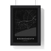 Bournemouth street map poster in black, minimal city map print framed in a black frame