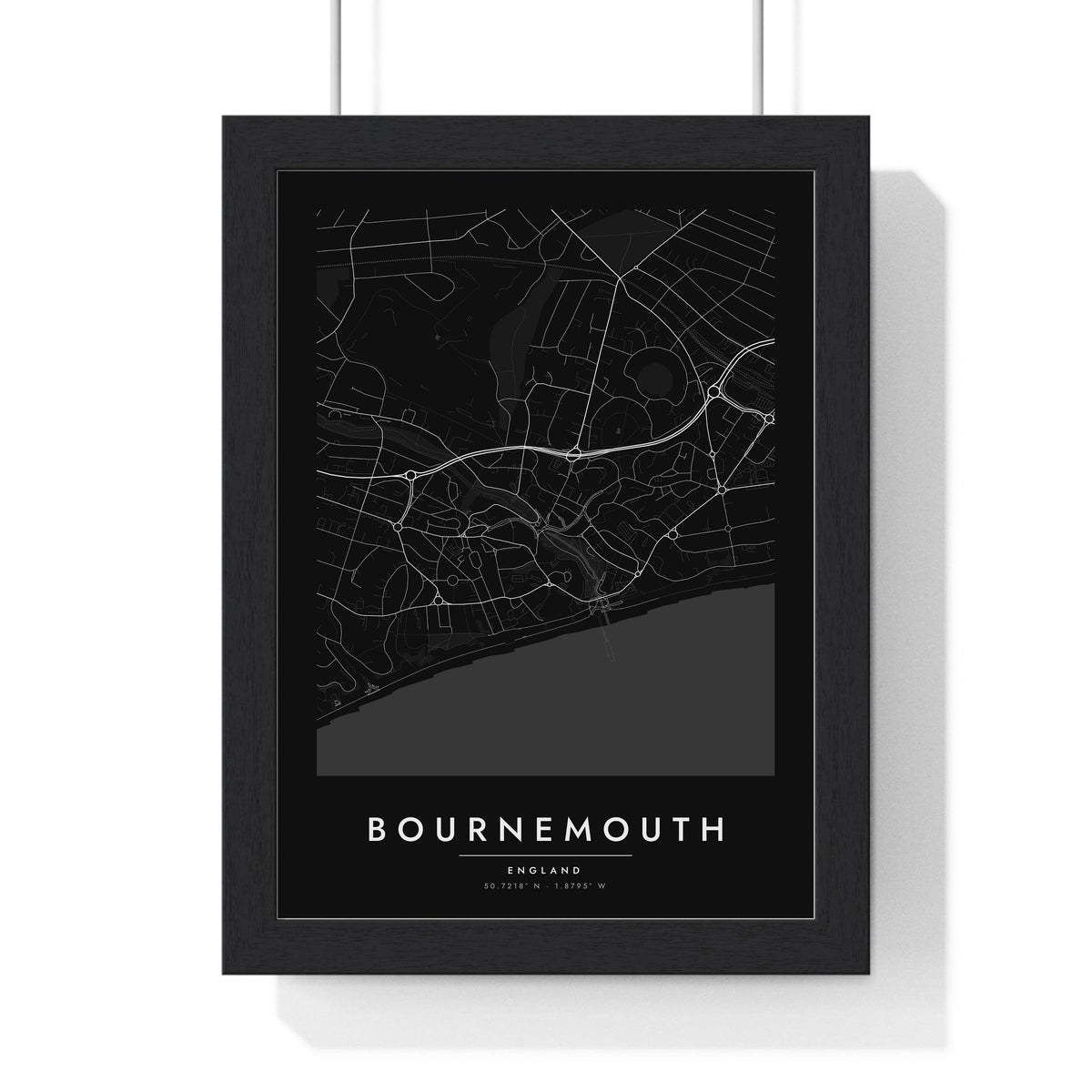 Bournemouth street map poster in black, minimal city map print framed in a black frame